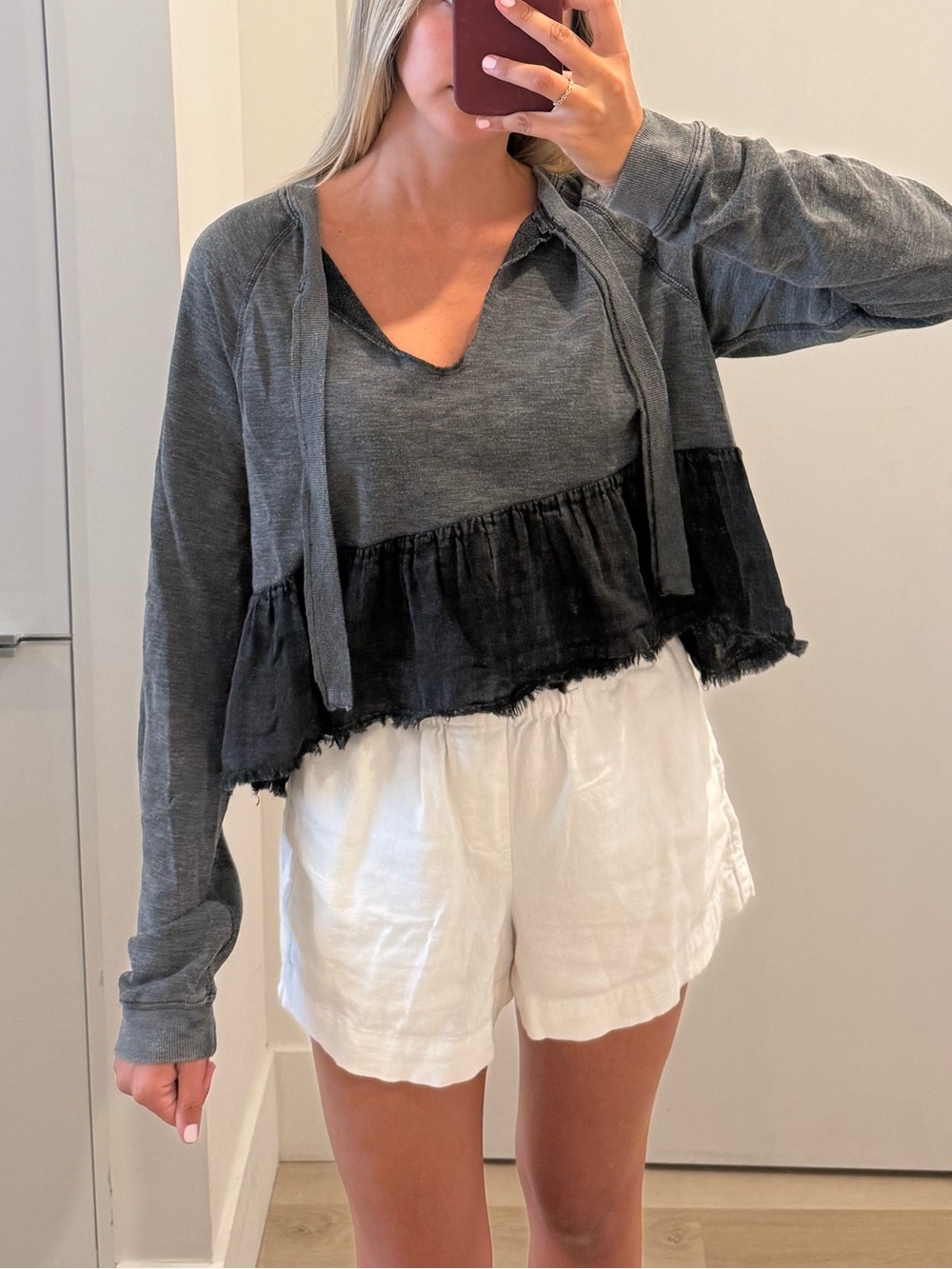 Free People Women's Gray Cropped Ruffle Hem Pullover Top